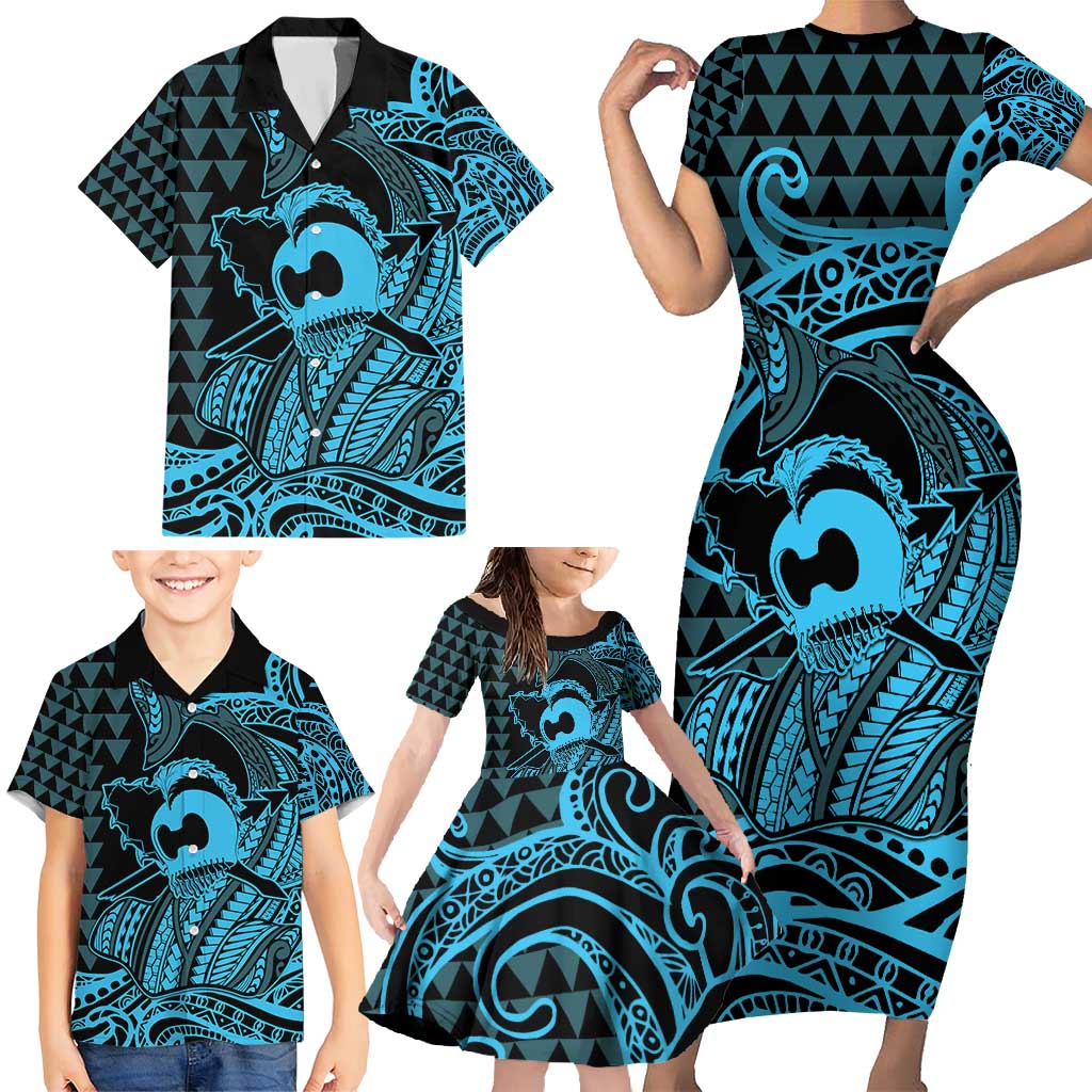 Koa Ikaika Warrior Helmet with Shark Family Matching Short Sleeve Bodycon Dress and Hawaiian Shirt Blue Kakau Style LT9 - Polynesian Pride