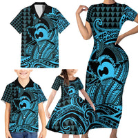 Koa Ikaika Warrior Helmet with Shark Family Matching Short Sleeve Bodycon Dress and Hawaiian Shirt Blue Kakau Style LT9 - Polynesian Pride