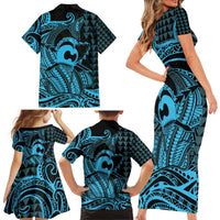 Koa Ikaika Warrior Helmet with Shark Family Matching Short Sleeve Bodycon Dress and Hawaiian Shirt Blue Kakau Style LT9 - Polynesian Pride