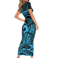 Koa Ikaika Warrior Helmet with Shark Family Matching Short Sleeve Bodycon Dress and Hawaiian Shirt Blue Kakau Style LT9 - Polynesian Pride