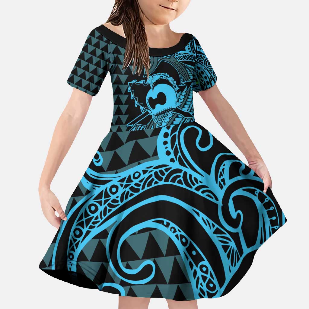 Koa Ikaika Warrior Helmet with Shark Family Matching Tank Maxi Dress and Hawaiian Shirt Blue Kakau Style LT9 Daughter's Dress Blue - Polynesian Pride