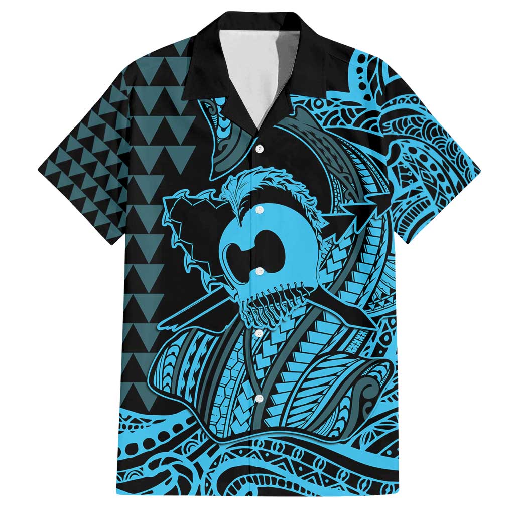 Koa Ikaika Warrior Helmet with Shark Family Matching Tank Maxi Dress and Hawaiian Shirt Blue Kakau Style LT9 Dad's Shirt - Short Sleeve Blue - Polynesian Pride