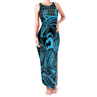 Koa Ikaika Warrior Helmet with Shark Family Matching Tank Maxi Dress and Hawaiian Shirt Blue Kakau Style LT9 Mom's Dress Blue - Polynesian Pride