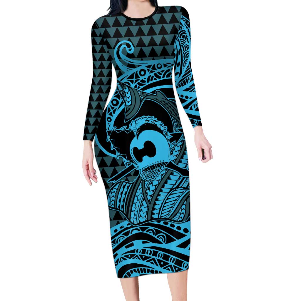Koa Ikaika Warrior Helmet with Shark Long Sleeve Bodycon Dress Blue Kakau Style LT9 Long Dress Blue - Polynesian Pride