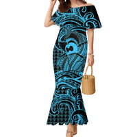 Koa Ikaika Warrior Helmet with Shark Mermaid Dress Blue Kakau Style LT9 Women Blue - Polynesian Pride