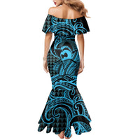 Koa Ikaika Warrior Helmet with Shark Mermaid Dress Blue Kakau Style LT9 - Polynesian Pride
