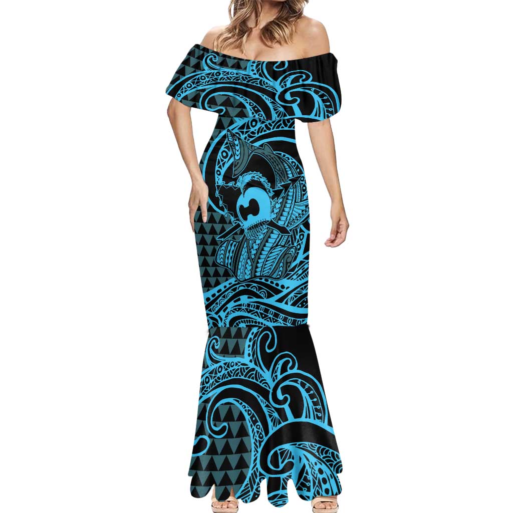 Koa Ikaika Warrior Helmet with Shark Mermaid Dress Blue Kakau Style LT9 - Polynesian Pride