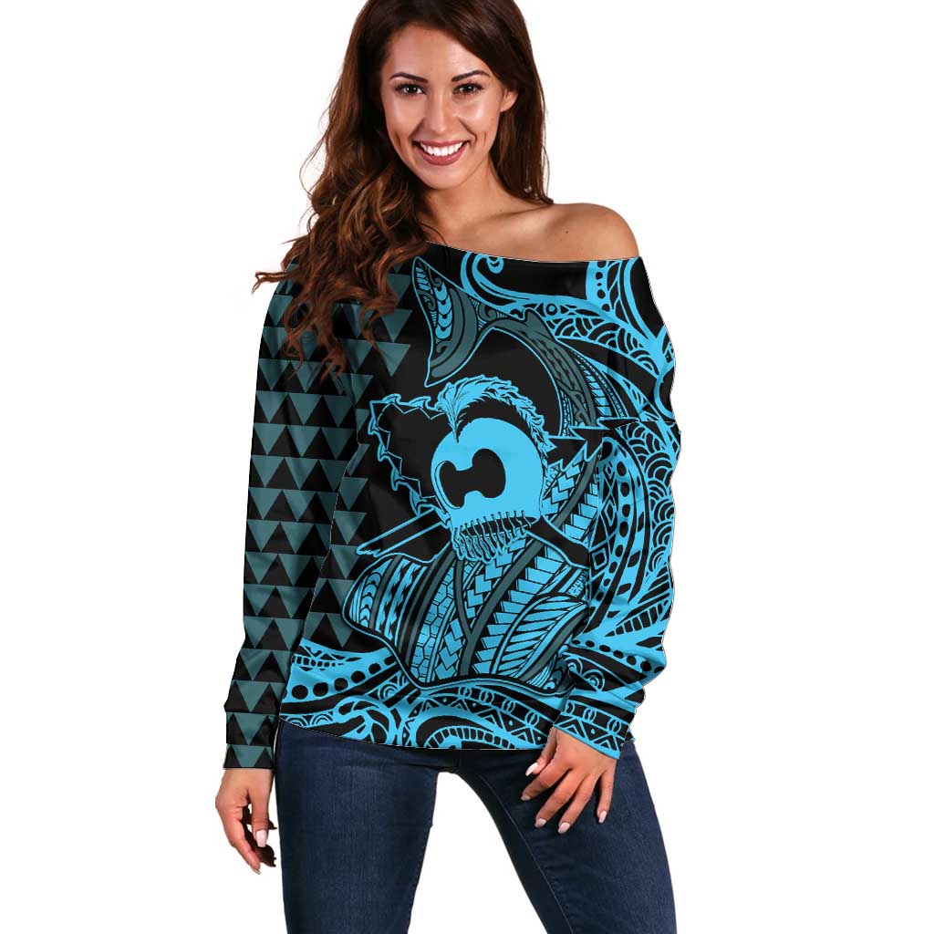 Koa Ikaika Warrior Helmet with Shark Off Shoulder Sweater Blue Kakau Style LT9 Women Blue - Polynesian Pride