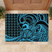 Koa Ikaika Warrior Helmet with Shark Rubber Doormat Blue Kakau Style