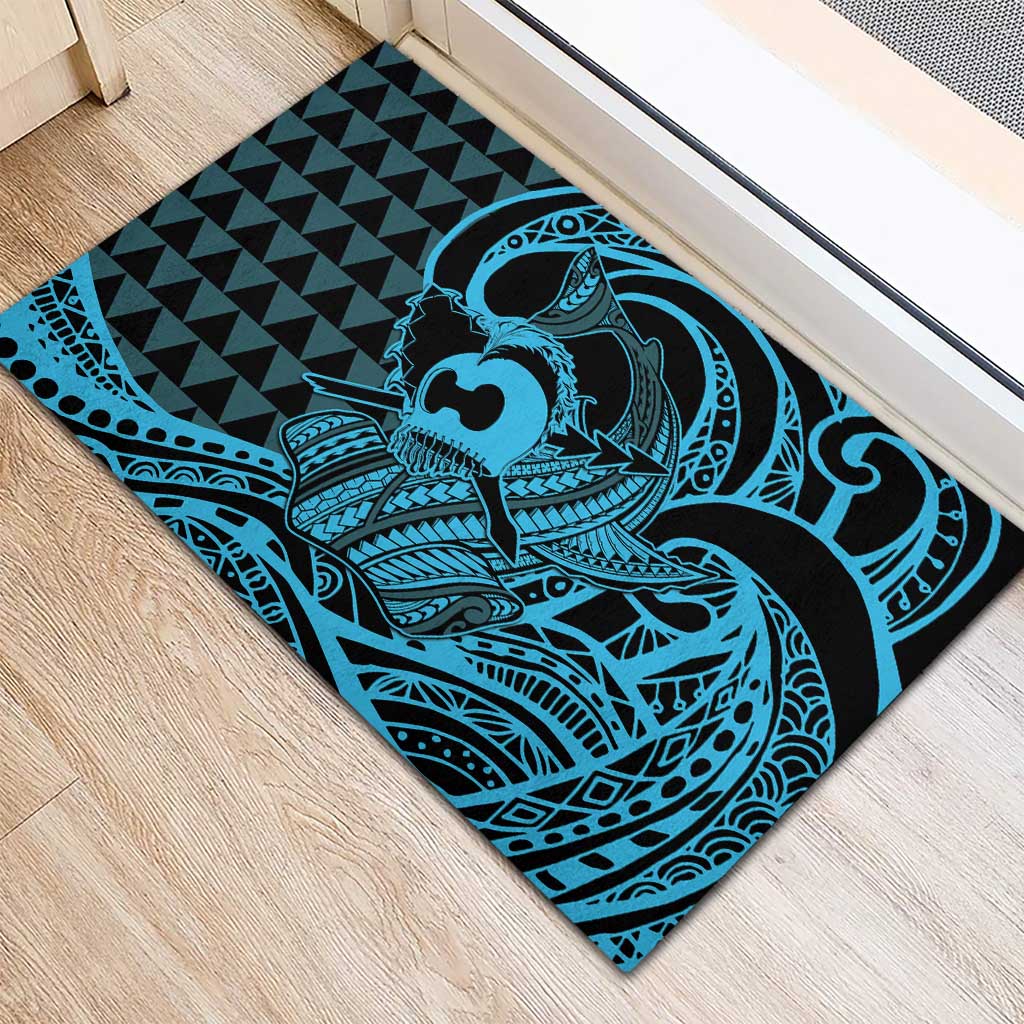 Koa Ikaika Warrior Helmet with Shark Rubber Doormat Blue Kakau Style