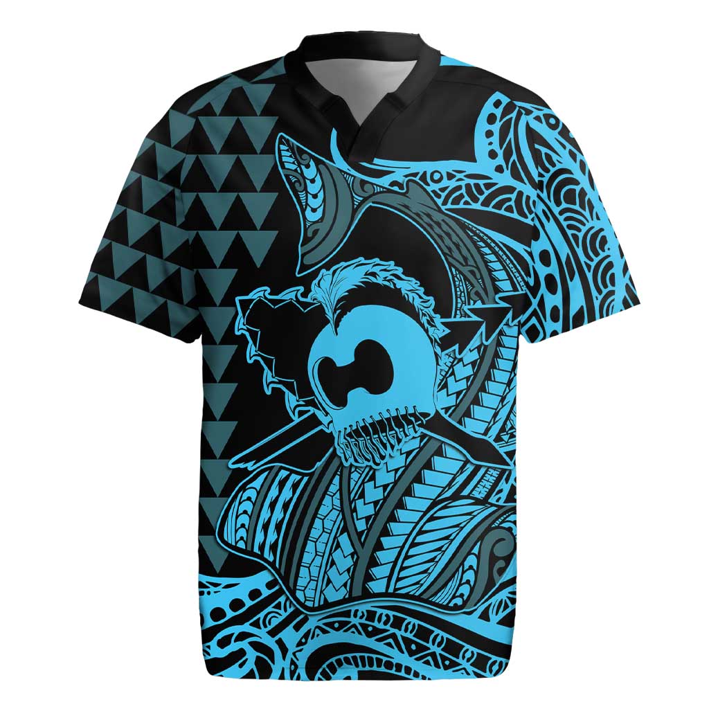 Koa Ikaika Warrior Helmet with Shark Rugby Jersey Blue Kakau Style LT9 Blue - Polynesian Pride