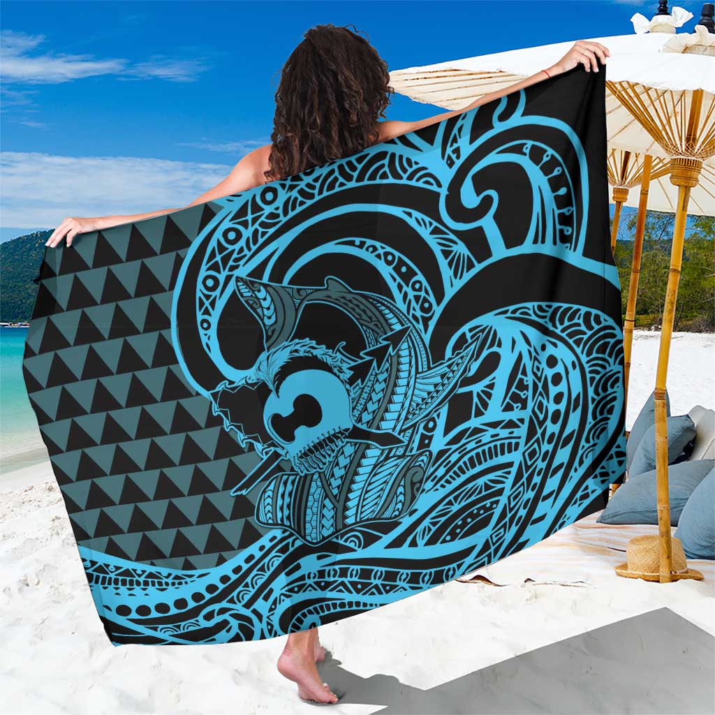 Koa Ikaika Warrior Helmet with Shark Sarong Blue Kakau Style LT9 One Size 44 x 66 inches Blue - Polynesian Pride