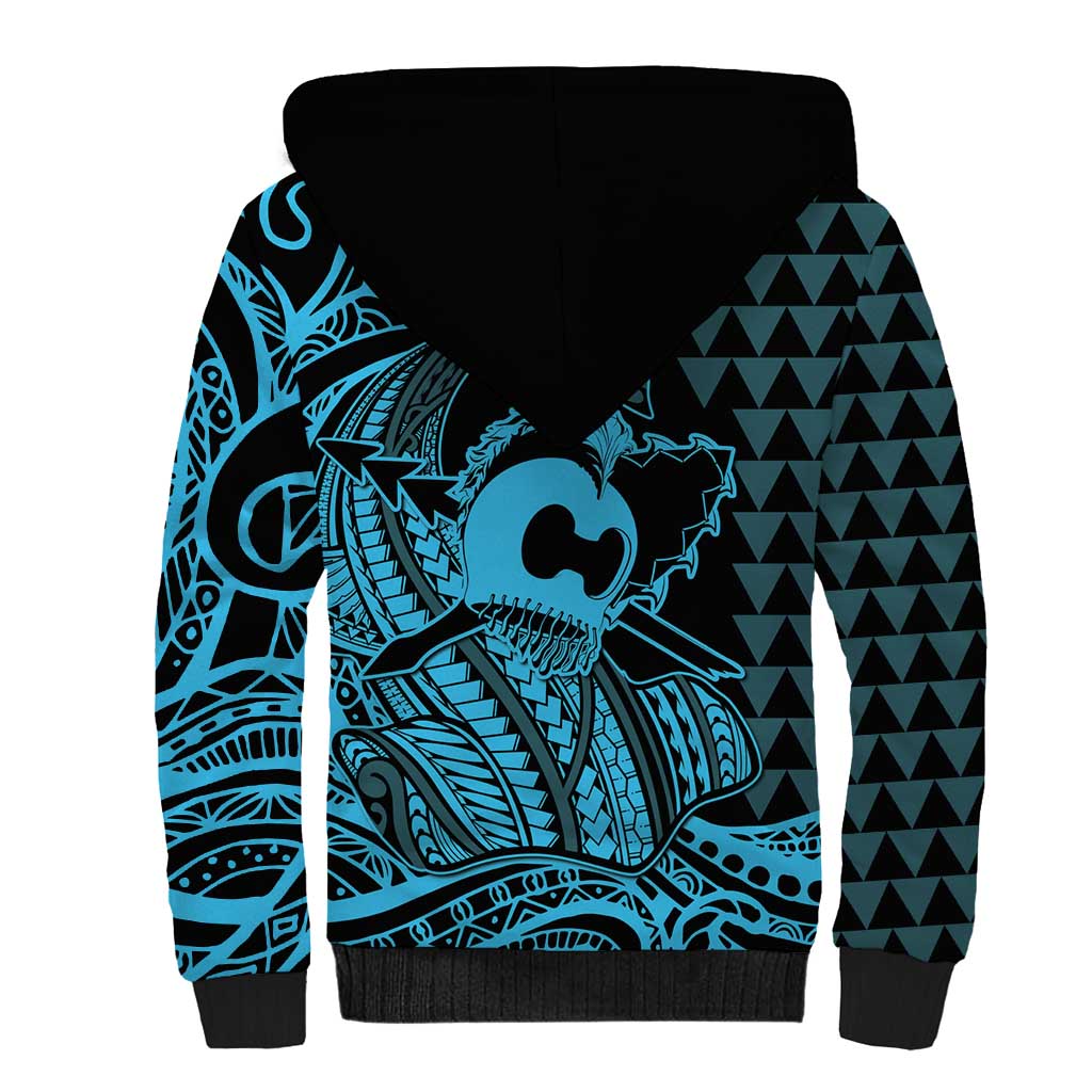 Koa Ikaika Warrior Helmet with Shark Sherpa Hoodie Blue Kakau Style