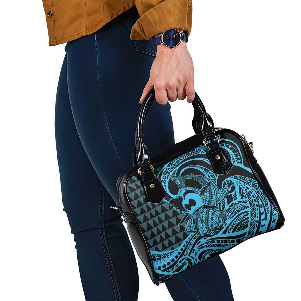 Koa Ikaika Warrior Helmet with Shark Shoulder Handbag Blue Kakau Style