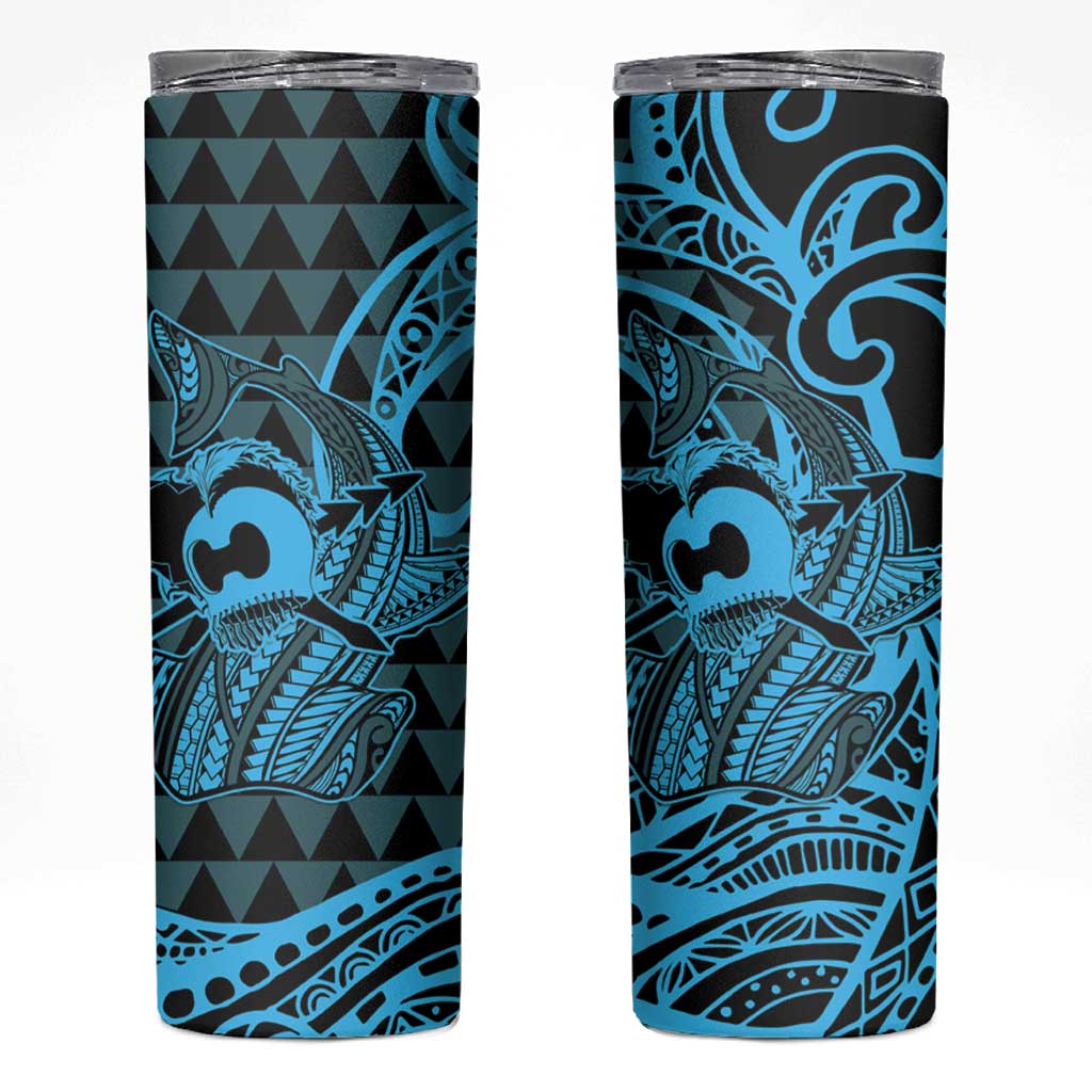 Koa Ikaika Warrior Helmet with Shark Skinny Tumbler Blue Kakau Style LT9 Blue - Polynesian Pride