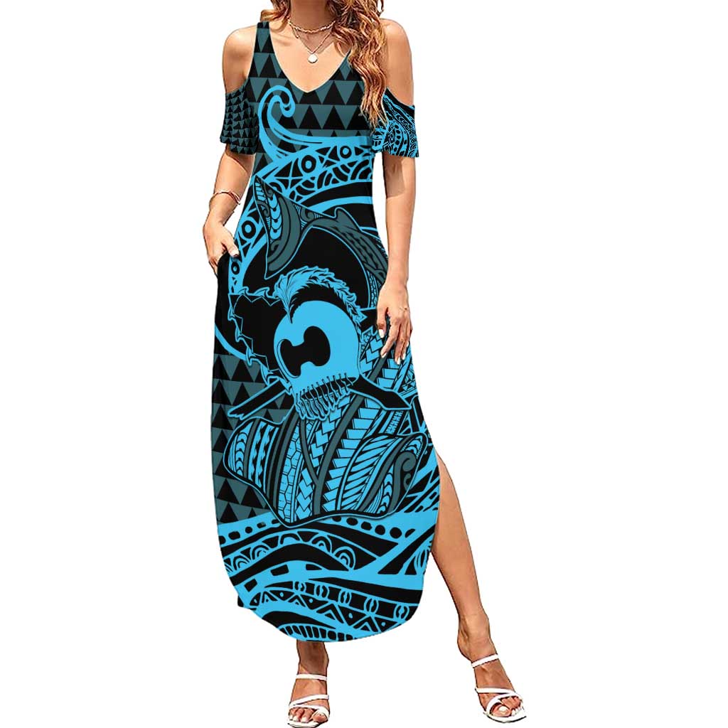 Koa Ikaika Warrior Helmet with Shark Summer Maxi Dress Blue Kakau Style LT9 Women Blue - Polynesian Pride