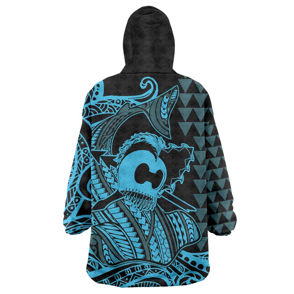 Koa Ikaika Warrior Helmet with Shark Wearable Blanket Hoodie Blue Kakau Style