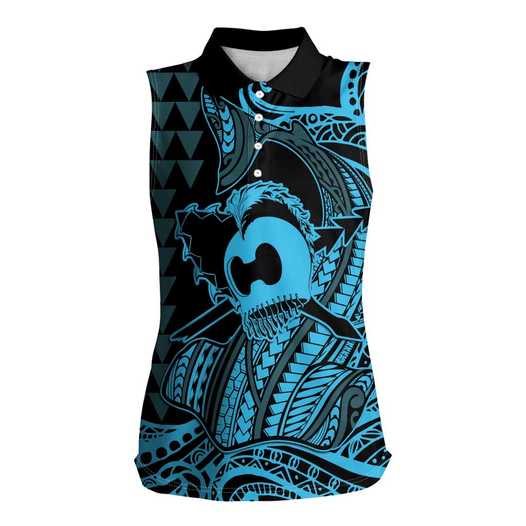 Koa Ikaika Warrior Helmet with Shark Women Sleeveless Polo Shirt Blue Kakau Style