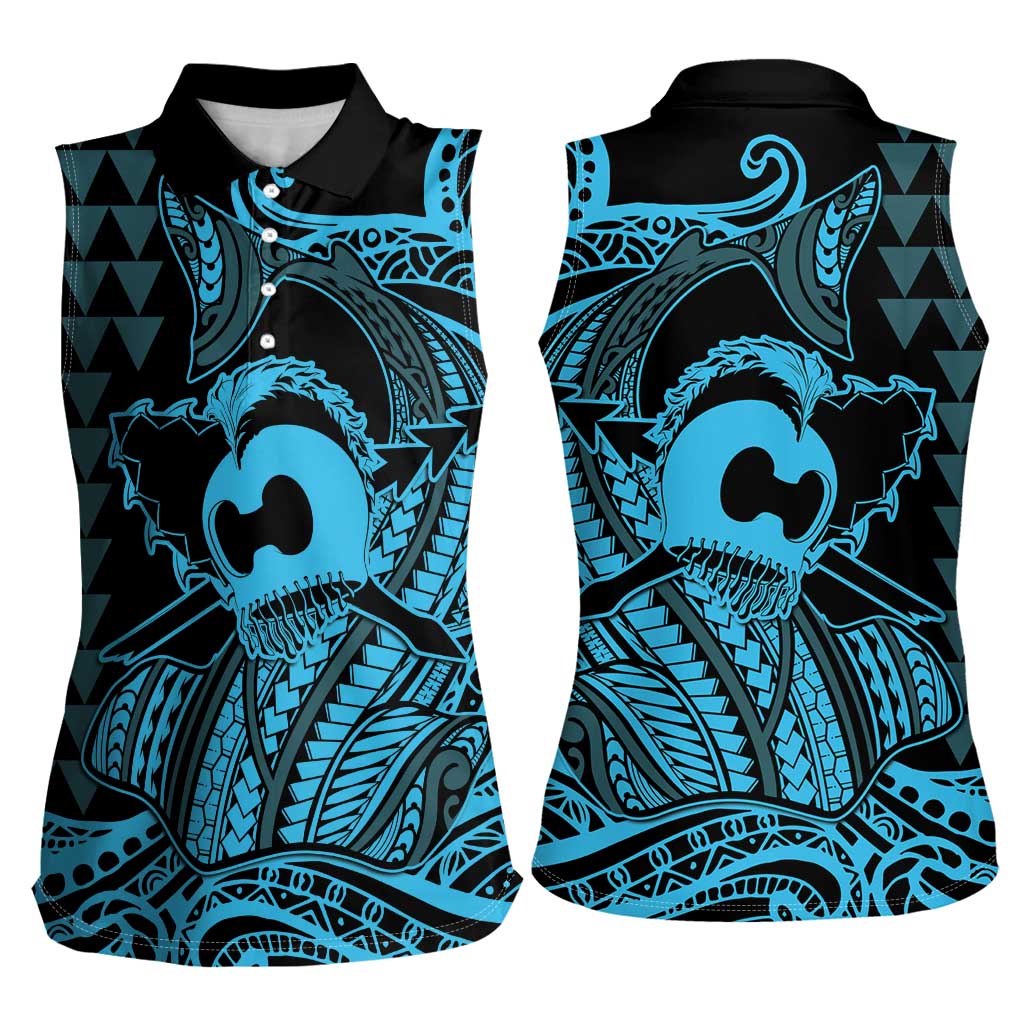 Koa Ikaika Warrior Helmet with Shark Women Sleeveless Polo Shirt Blue Kakau Style