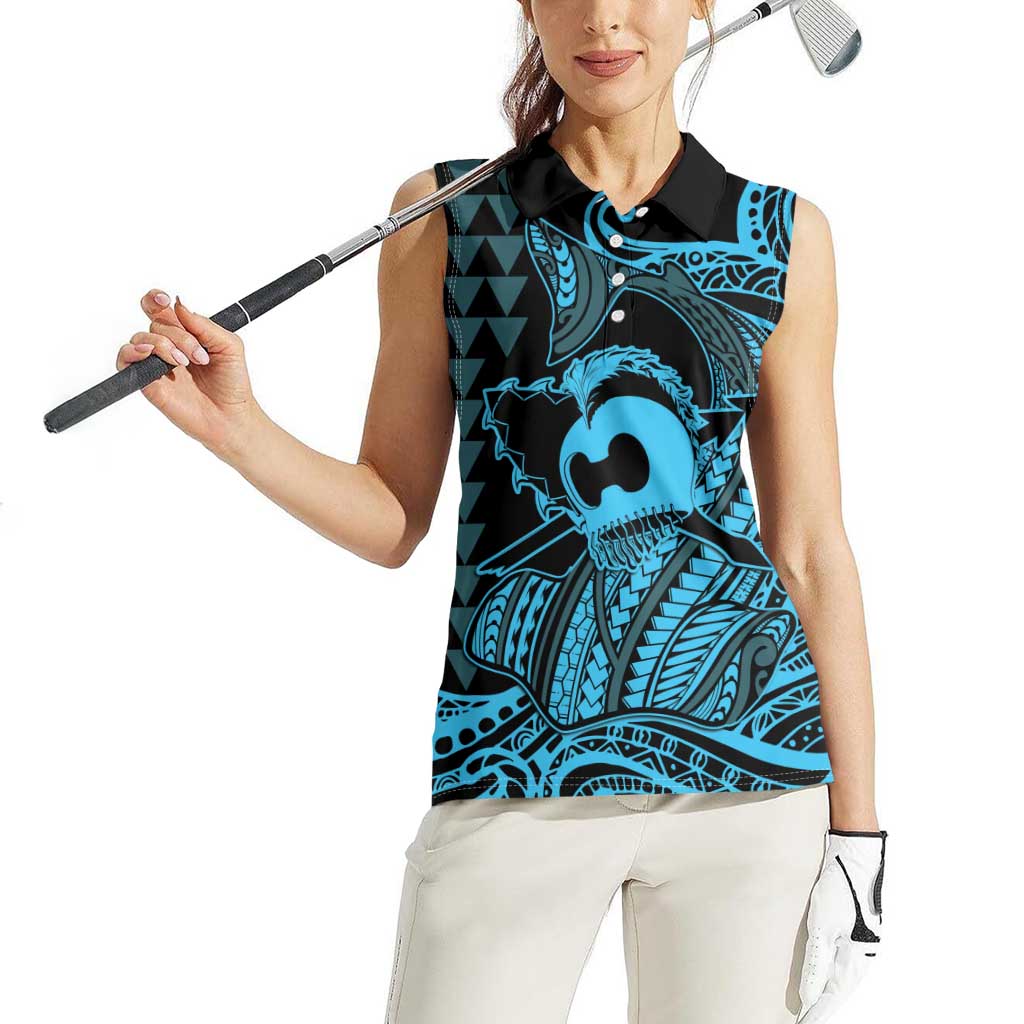 Koa Ikaika Warrior Helmet with Shark Women Sleeveless Polo Shirt Blue Kakau Style