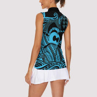 Koa Ikaika Warrior Helmet with Shark Women Sleeveless Polo Shirt Blue Kakau Style