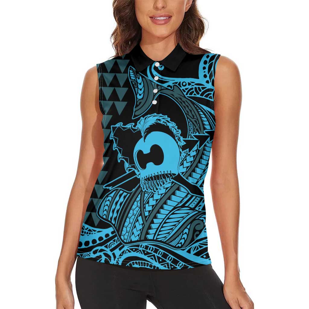 Koa Ikaika Warrior Helmet with Shark Women Sleeveless Polo Shirt Blue Kakau Style