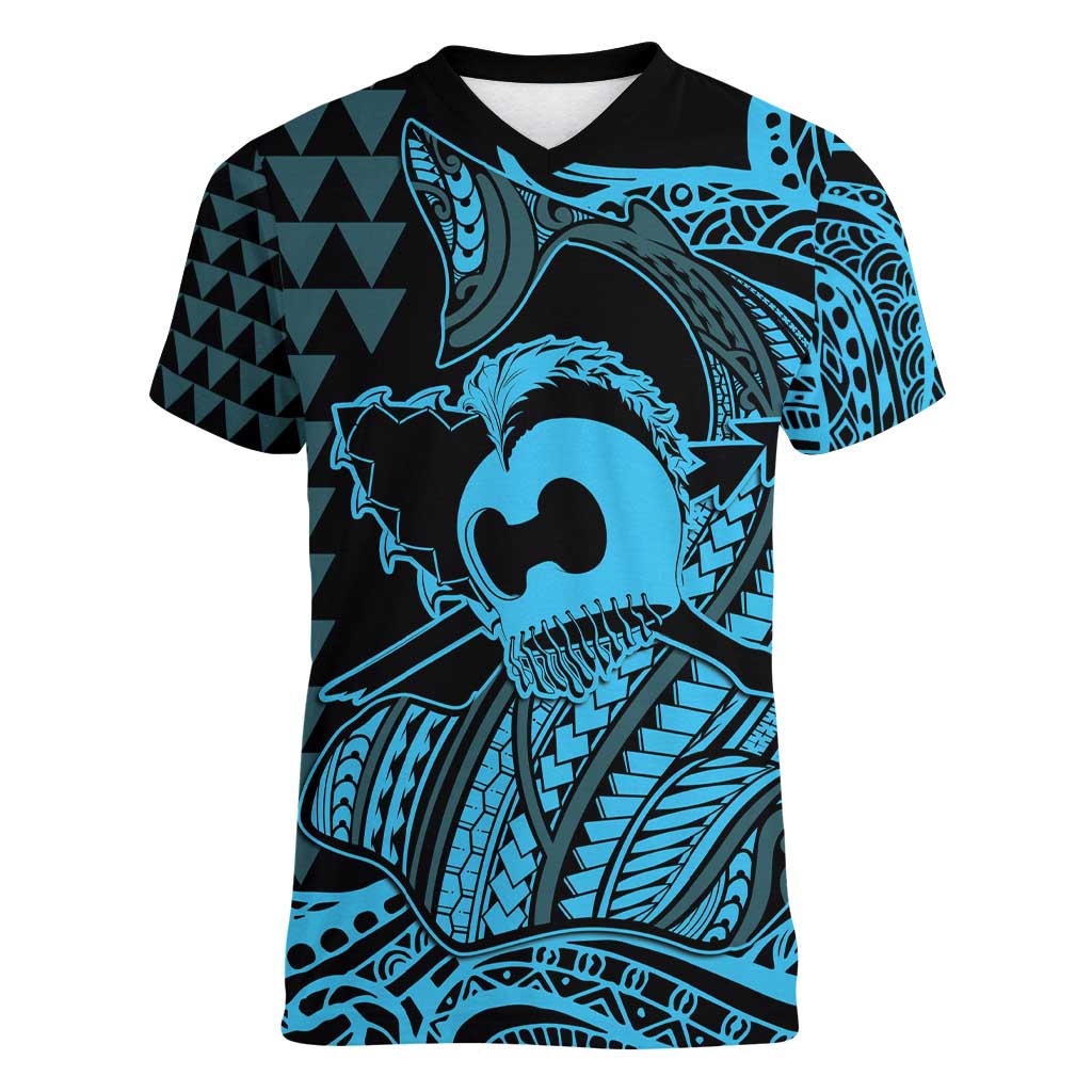 Koa Ikaika Warrior Helmet with Shark Women V-Neck T-Shirt Blue Kakau Style