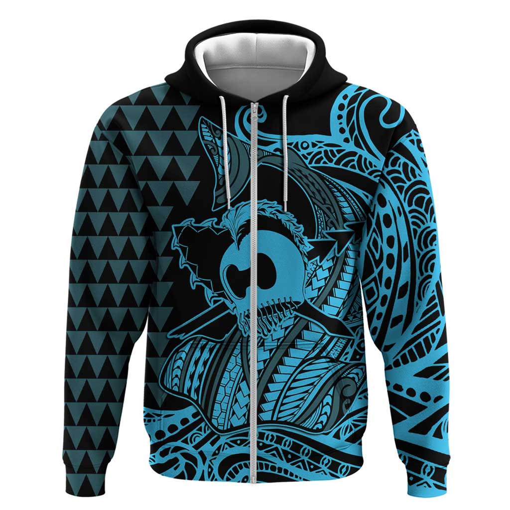 Koa Ikaika Warrior Helmet with Shark Zip Hoodie Blue Kakau Style LT9 Zip Hoodie Blue - Polynesian Pride