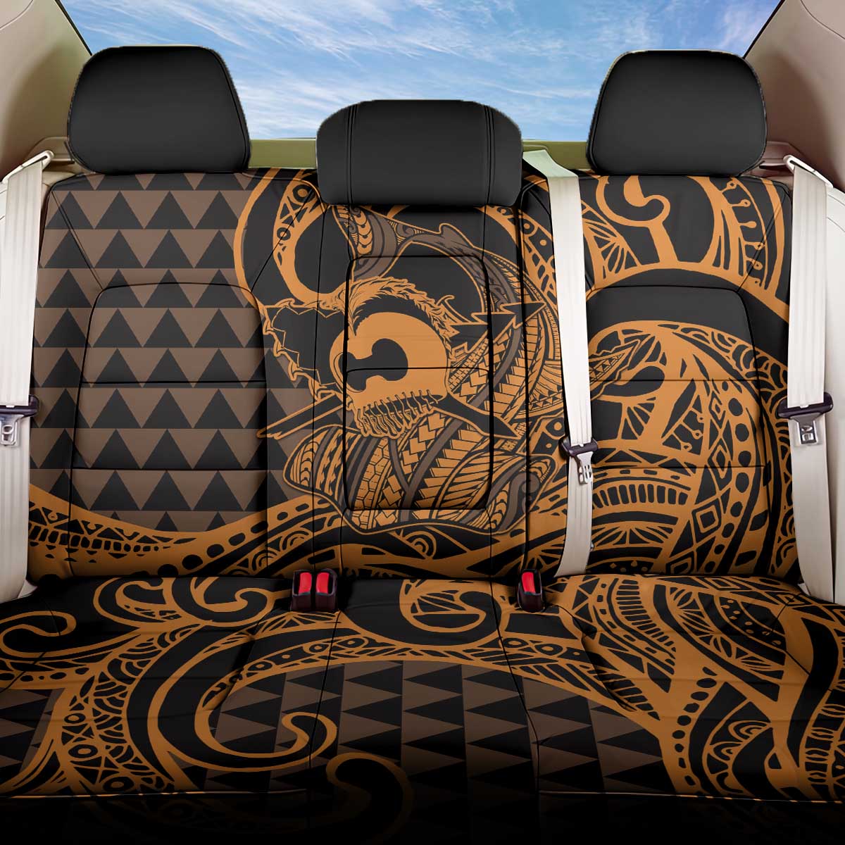 Koa Ikaika Warrior Helmet with Shark Back Car Seat Cover Gold Kakau Style LT9 One Size Gold - Polynesian Pride