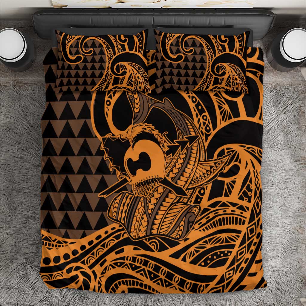 Koa Ikaika Warrior Helmet with Shark Bedding Set Gold Kakau Style LT9 Gold - Polynesian Pride