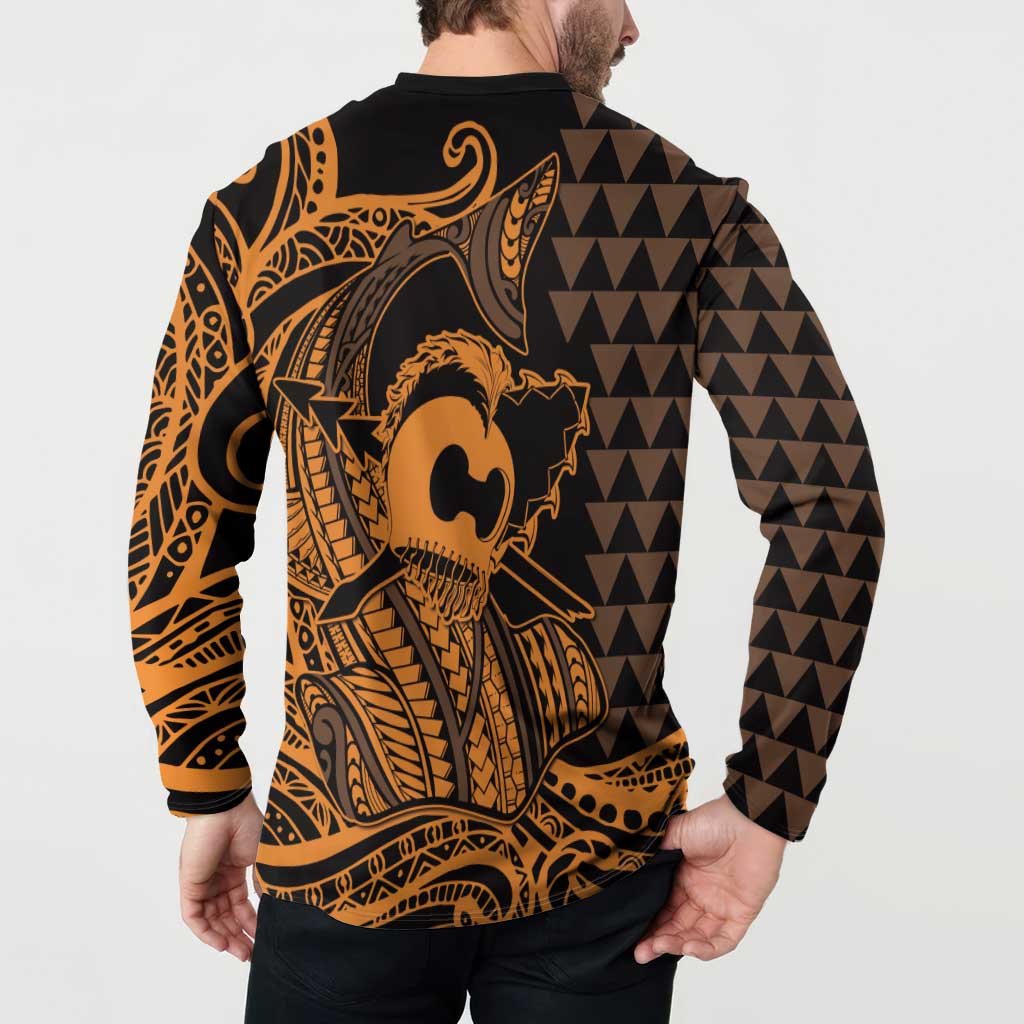 Koa Ikaika Warrior Helmet with Shark Button Sweatshirt Gold Kakau Style