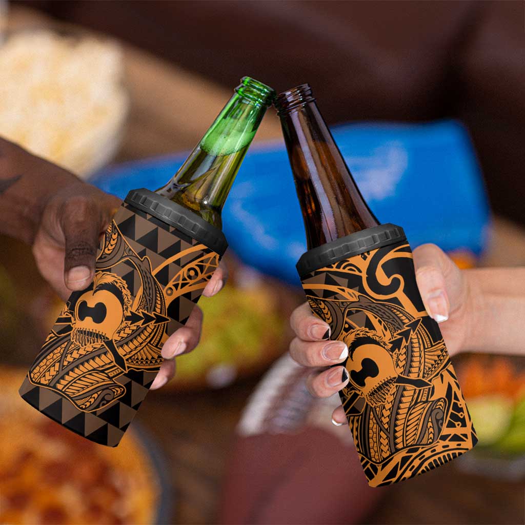 Koa Ikaika Warrior Helmet with Shark 4 in 1 Can Cooler Tumbler Gold Kakau Style
