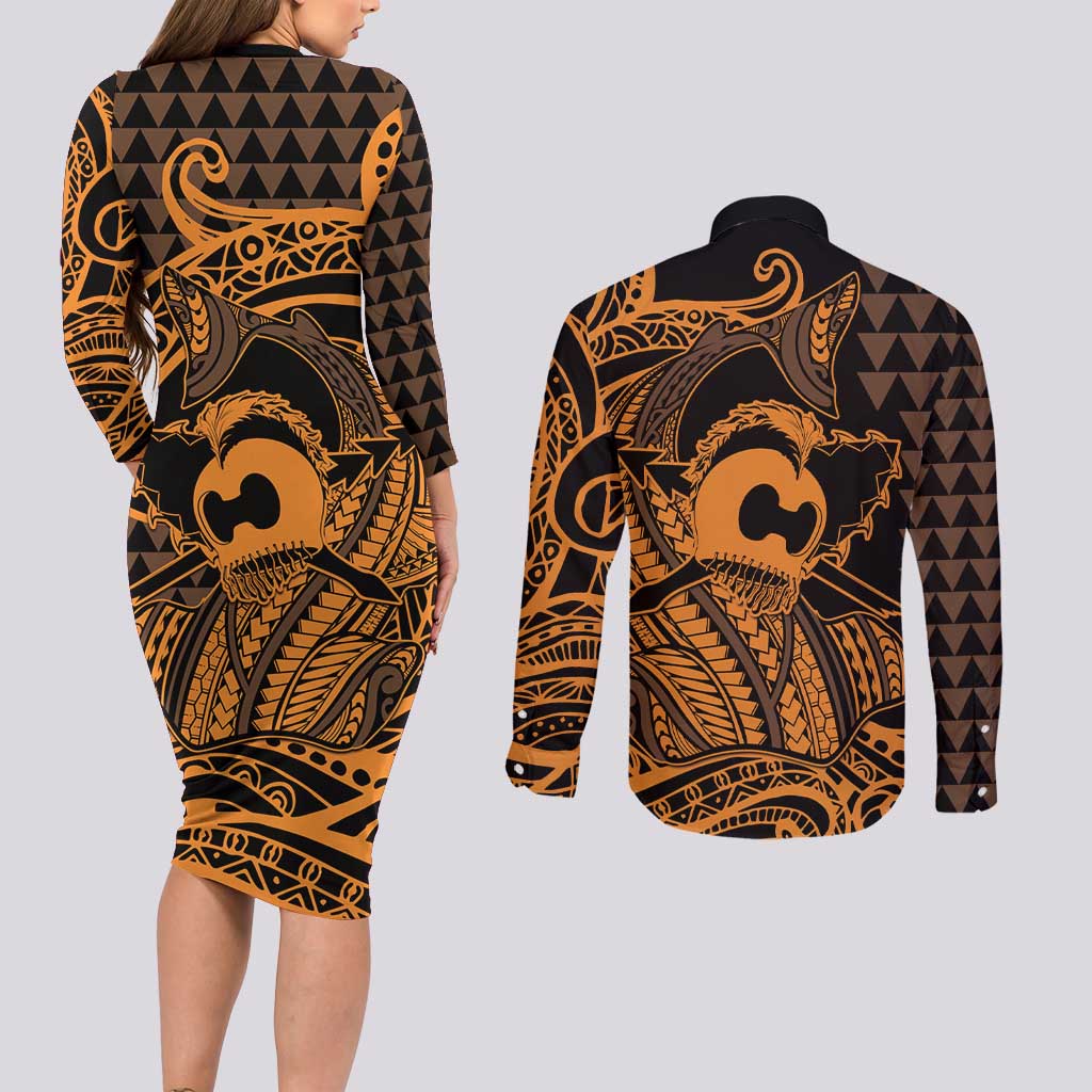 Koa Ikaika Warrior Helmet with Shark Couples Matching Long Sleeve Bodycon Dress and Long Sleeve Button Shirt Gold Kakau Style