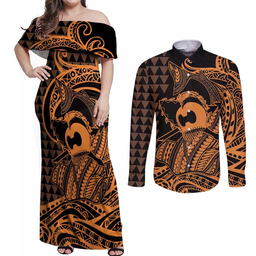 Koa Ikaika Warrior Helmet with Shark Couples Matching Off Shoulder Maxi Dress and Long Sleeve Button Shirt Gold Kakau Style