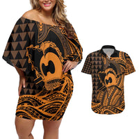 Koa Ikaika Warrior Helmet with Shark Couples Matching Off Shoulder Short Dress and Hawaiian Shirt Gold Kakau Style