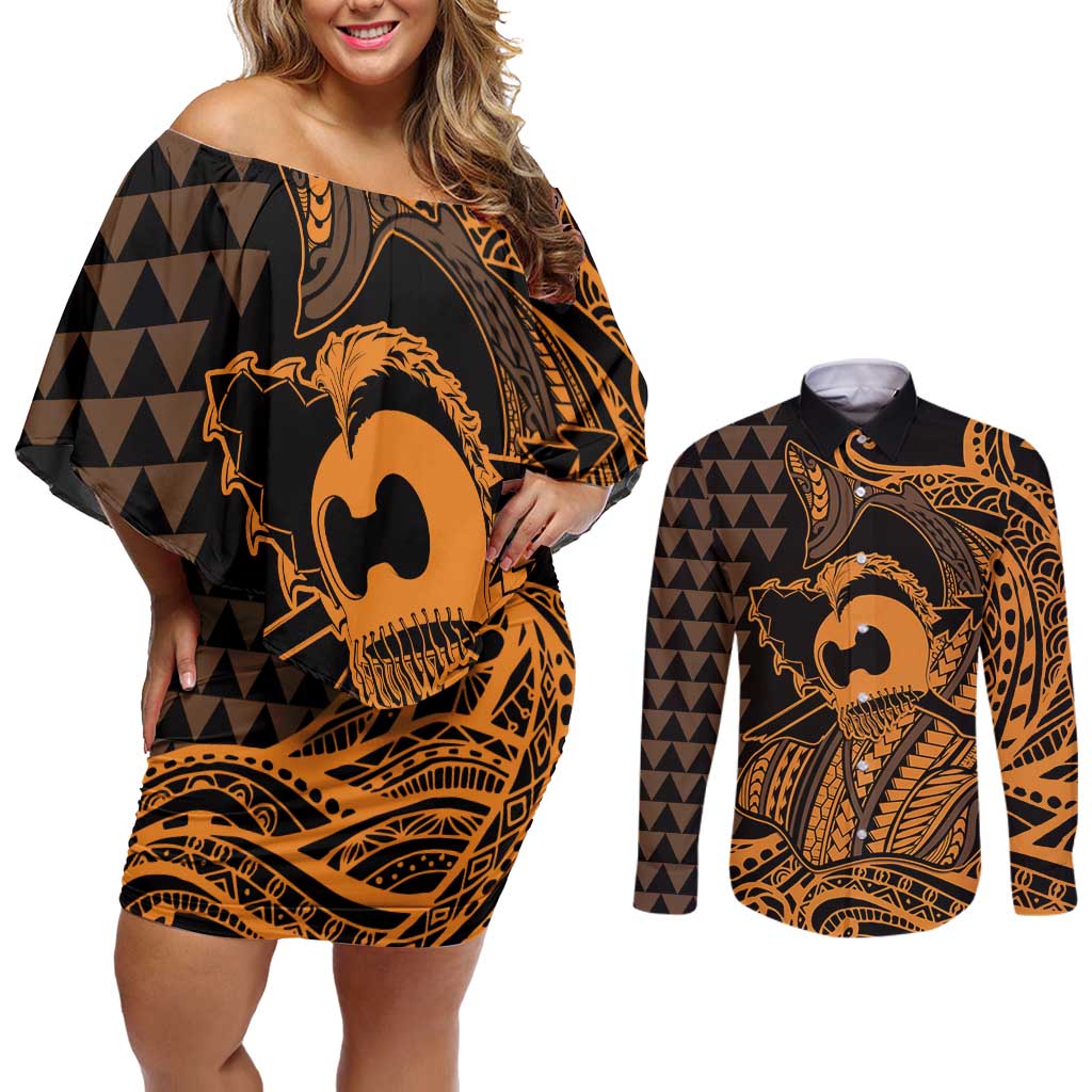 Koa Ikaika Warrior Helmet with Shark Couples Matching Off Shoulder Short Dress and Long Sleeve Button Shirt Gold Kakau Style