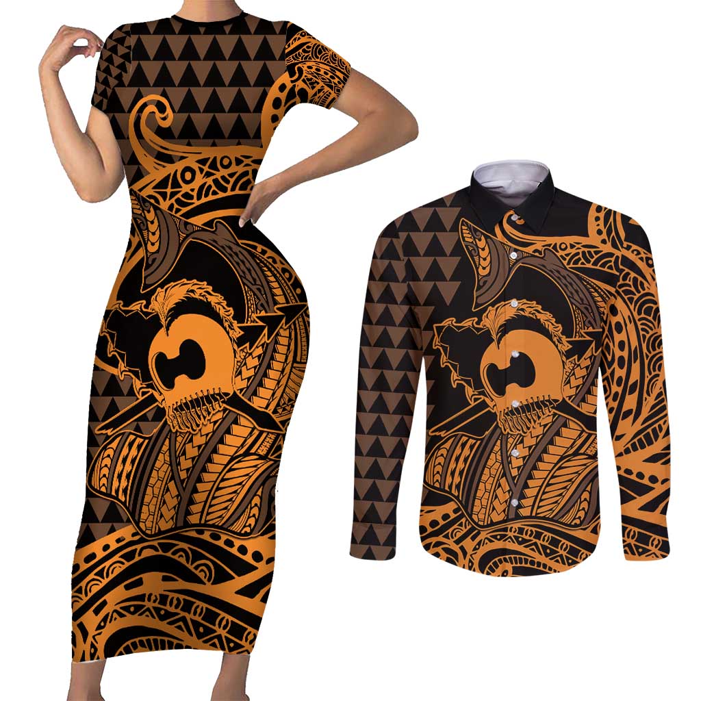 Koa Ikaika Warrior Helmet with Shark Couples Matching Short Sleeve Bodycon Dress and Long Sleeve Button Shirt Gold Kakau Style