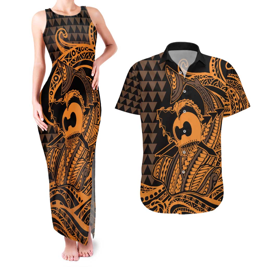 Koa Ikaika Warrior Helmet with Shark Couples Matching Tank Maxi Dress and Hawaiian Shirt Gold Kakau Style