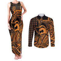 Koa Ikaika Warrior Helmet with Shark Couples Matching Tank Maxi Dress and Long Sleeve Button Shirt Gold Kakau Style