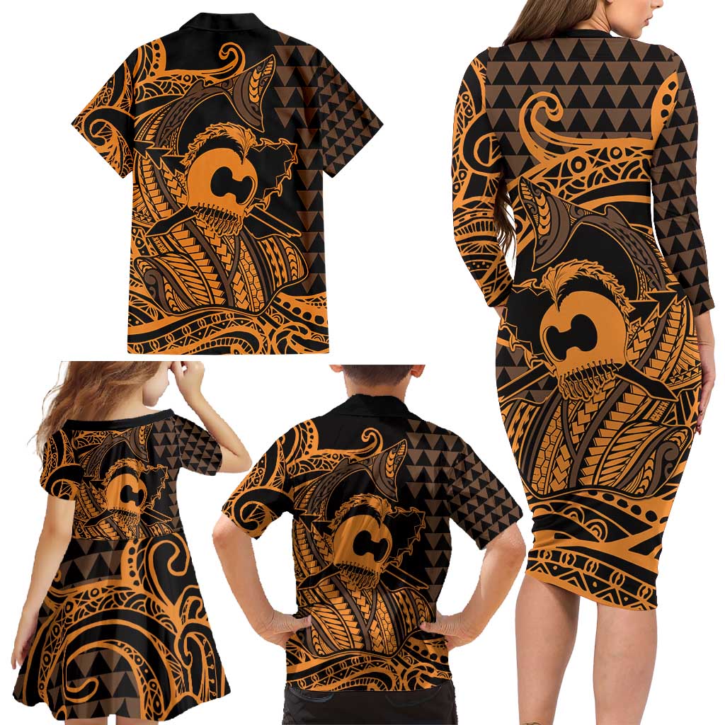 Koa Ikaika Warrior Helmet with Shark Family Matching Long Sleeve Bodycon Dress and Hawaiian Shirt Gold Kakau Style LT9 - Polynesian Pride