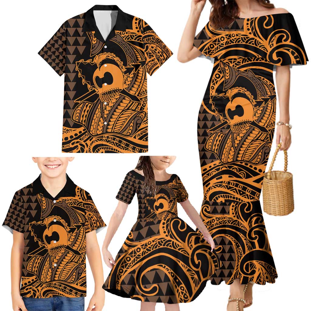 Koa Ikaika Warrior Helmet with Shark Family Matching Mermaid Dress and Hawaiian Shirt Gold Kakau Style LT9 - Polynesian Pride