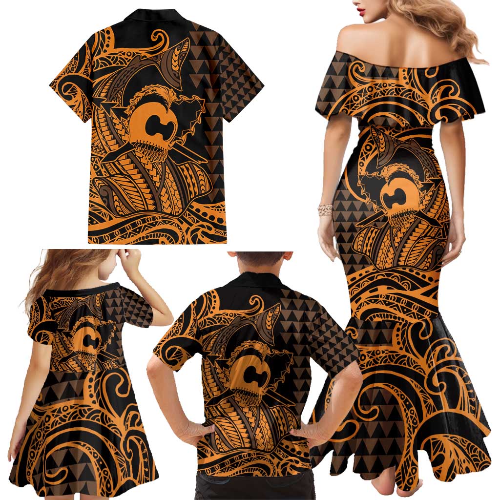 Koa Ikaika Warrior Helmet with Shark Family Matching Mermaid Dress and Hawaiian Shirt Gold Kakau Style LT9 - Polynesian Pride
