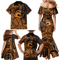 Koa Ikaika Warrior Helmet with Shark Family Matching Mermaid Dress and Hawaiian Shirt Gold Kakau Style LT9 - Polynesian Pride