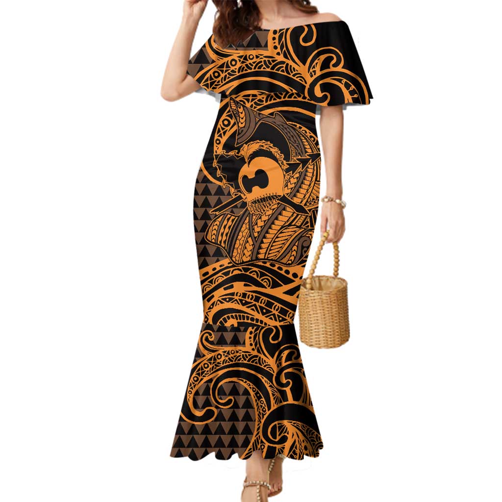 Koa Ikaika Warrior Helmet with Shark Family Matching Mermaid Dress and Hawaiian Shirt Gold Kakau Style LT9 Mom's Dress Gold - Polynesian Pride