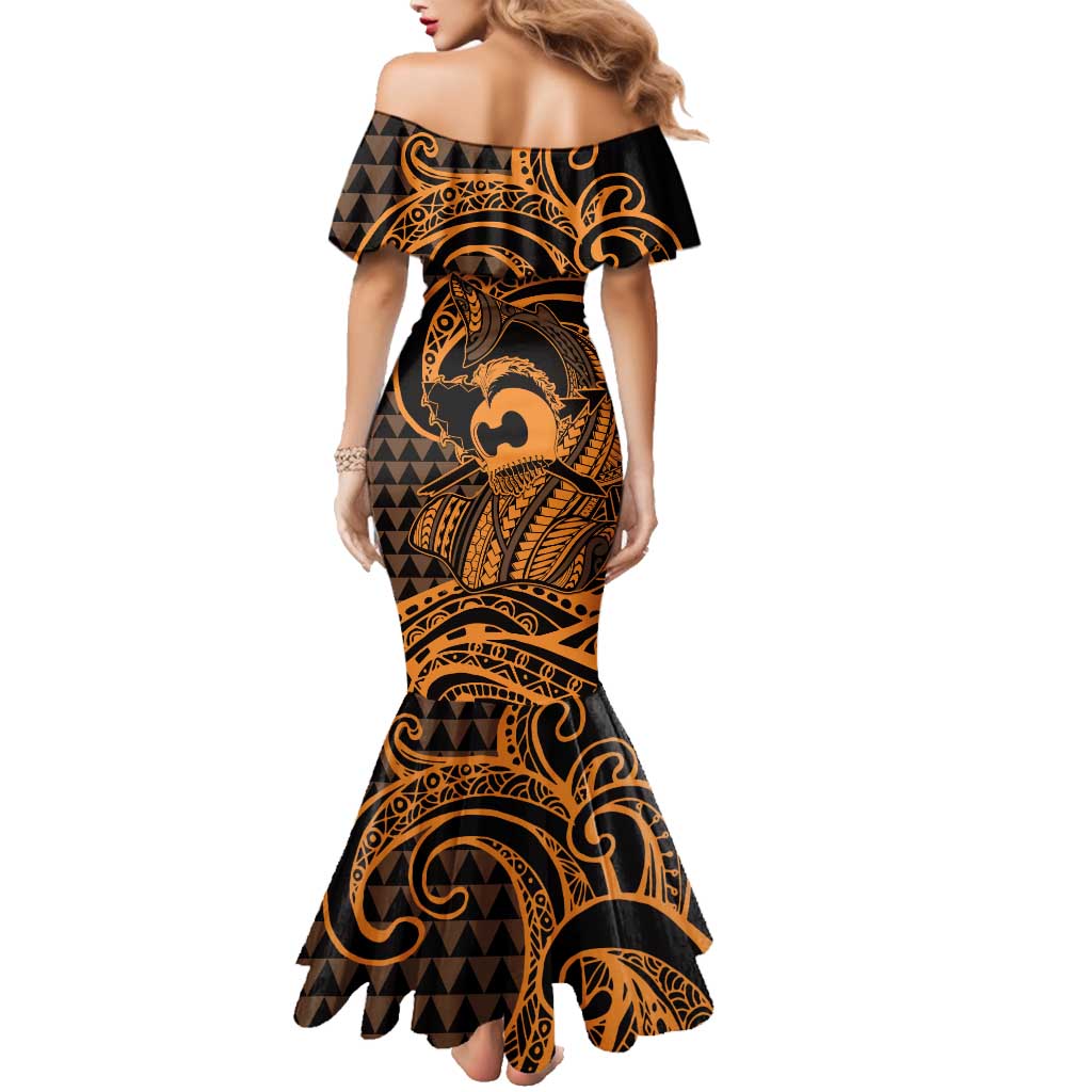 Koa Ikaika Warrior Helmet with Shark Family Matching Mermaid Dress and Hawaiian Shirt Gold Kakau Style LT9 - Polynesian Pride