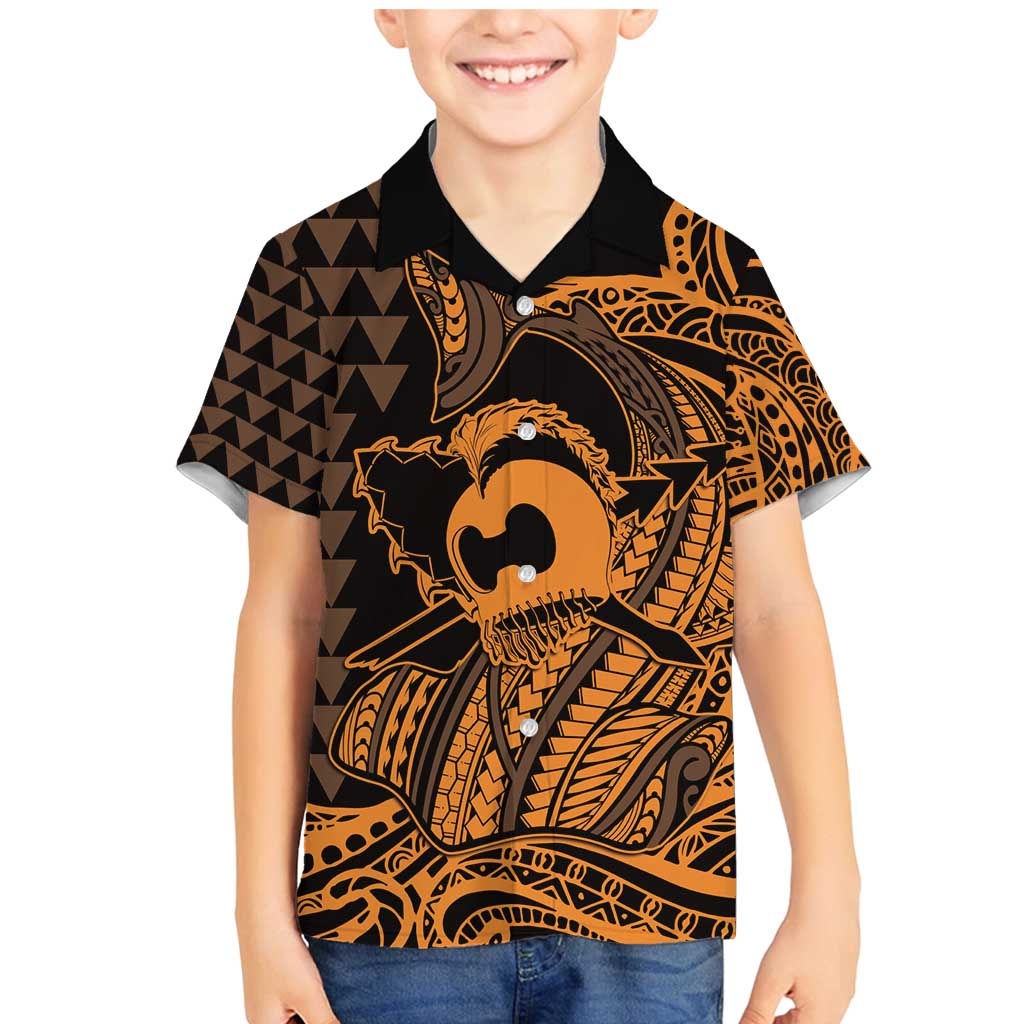 Koa Ikaika Warrior Helmet with Shark Family Matching Mermaid Dress and Hawaiian Shirt Gold Kakau Style LT9 Son's Shirt Gold - Polynesian Pride