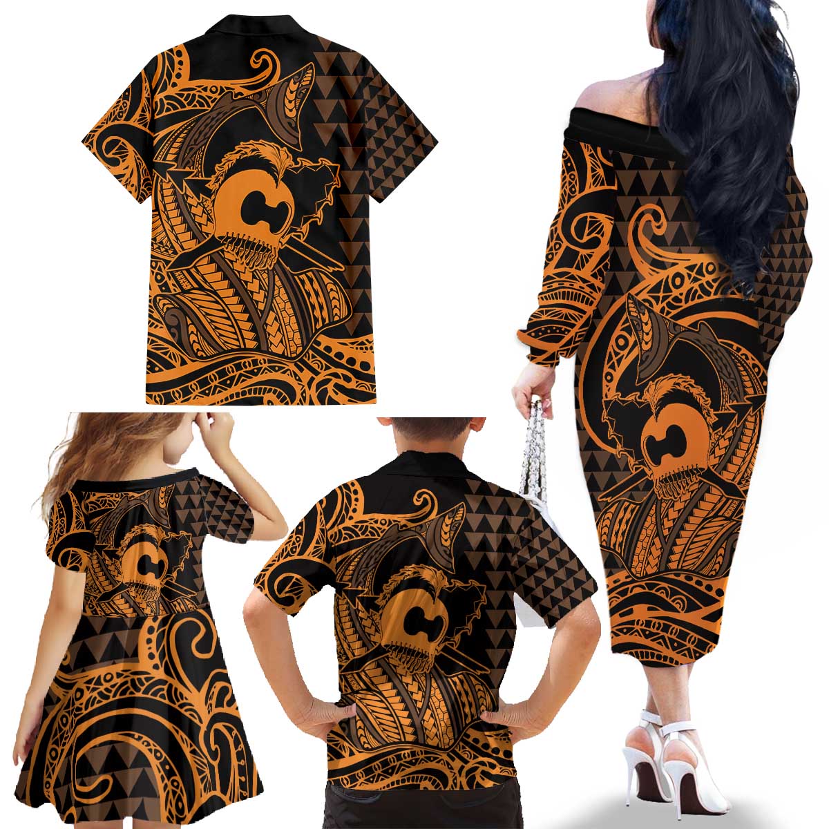 Koa Ikaika Warrior Helmet with Shark Family Matching Off The Shoulder Long Sleeve Dress and Hawaiian Shirt Gold Kakau Style LT9 - Polynesian Pride
