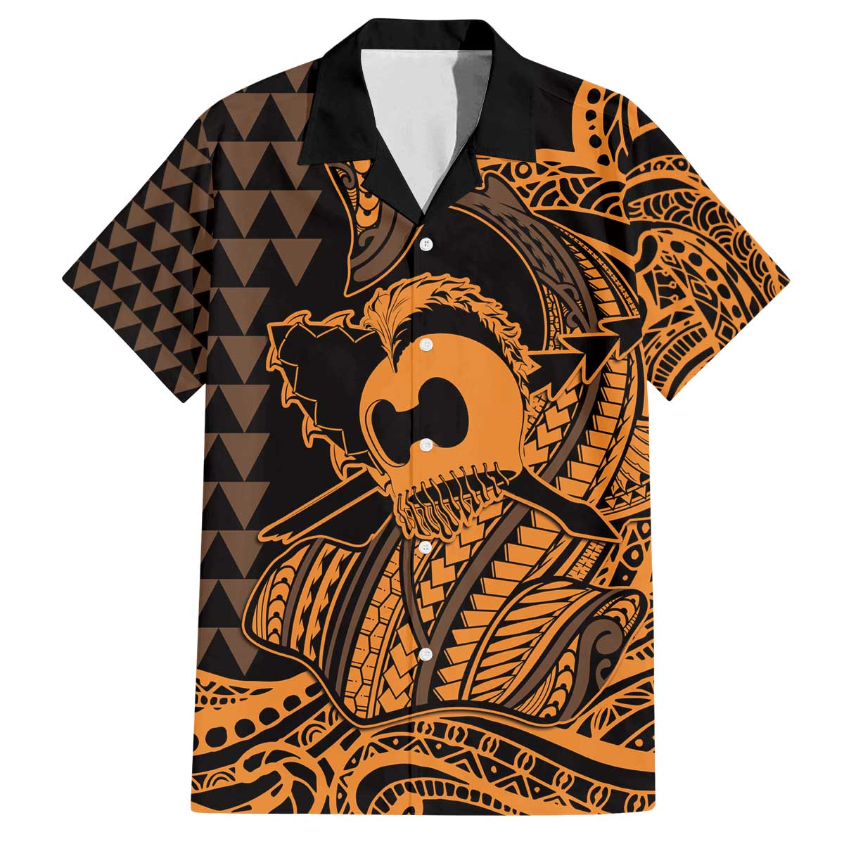 Koa Ikaika Warrior Helmet with Shark Family Matching Off The Shoulder Long Sleeve Dress and Hawaiian Shirt Gold Kakau Style LT9 Dad's Shirt - Short Sleeve Gold - Polynesian Pride