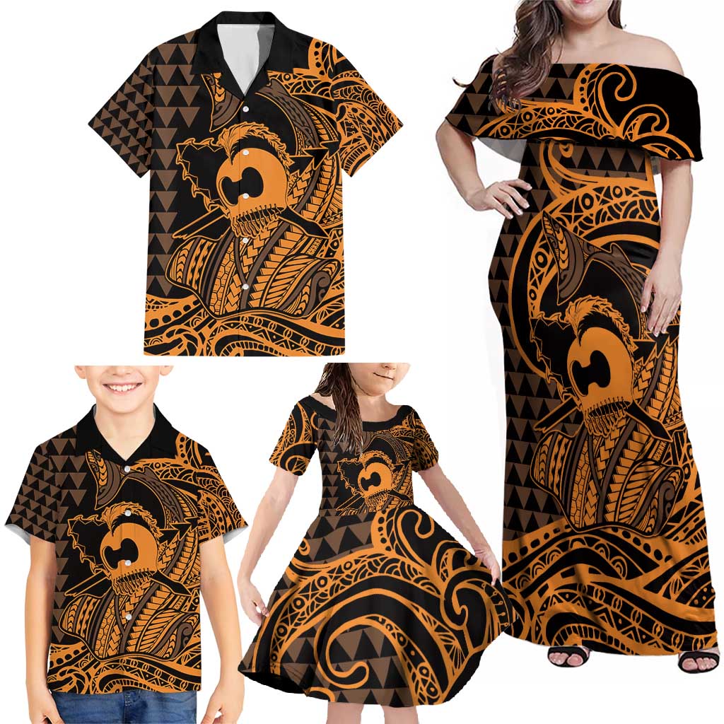 Koa Ikaika Warrior Helmet with Shark Family Matching Off Shoulder Maxi Dress and Hawaiian Shirt Gold Kakau Style LT9 - Polynesian Pride