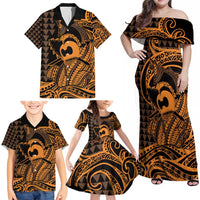 Koa Ikaika Warrior Helmet with Shark Family Matching Off Shoulder Maxi Dress and Hawaiian Shirt Gold Kakau Style LT9 - Polynesian Pride